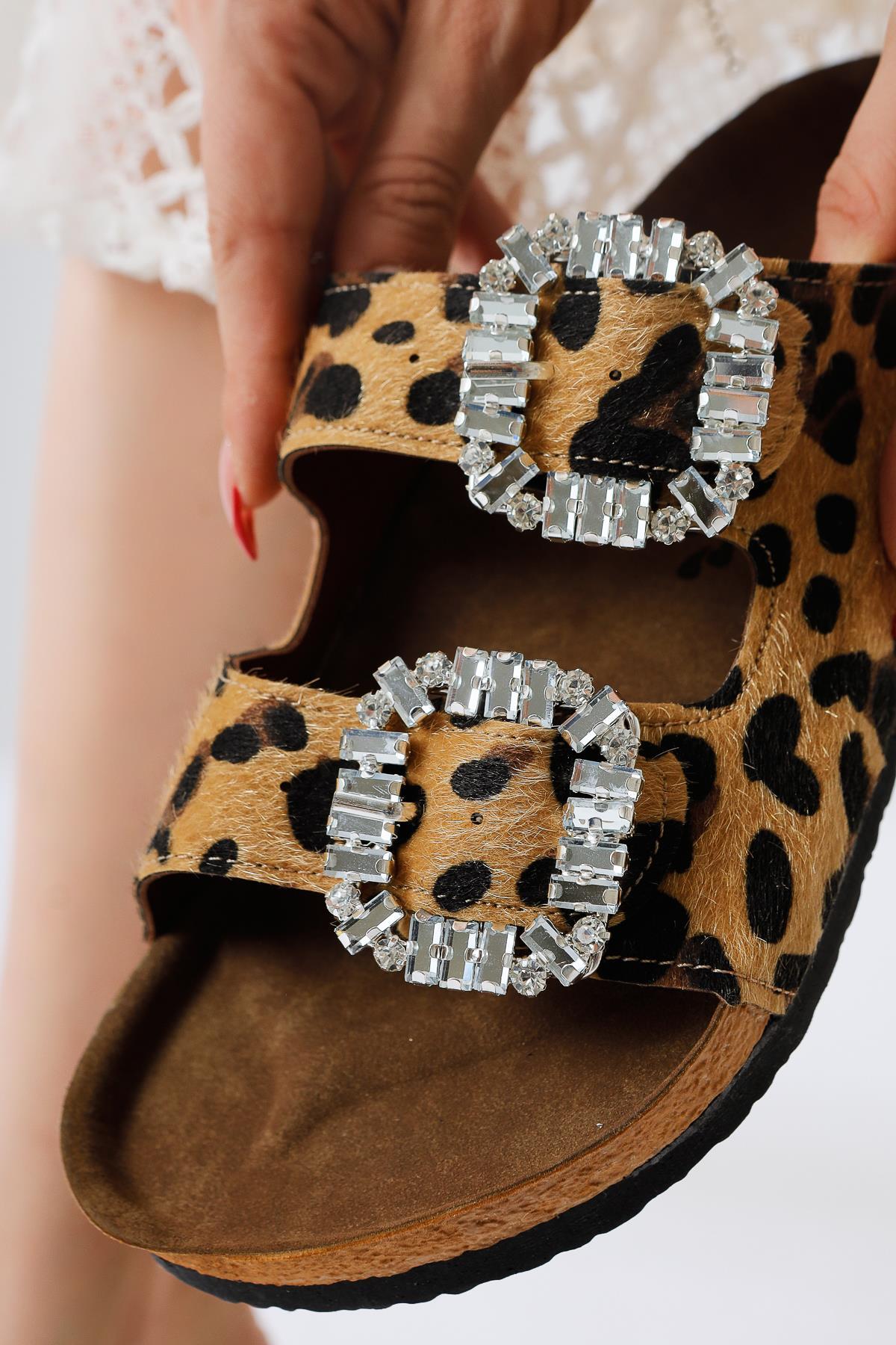 Brisa Leopard Double Strap Slide with Gemstone and Buckle Detail