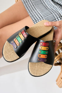 Nicola Genuine Leather Black Slide with Colorful Buckle and Straw Sole