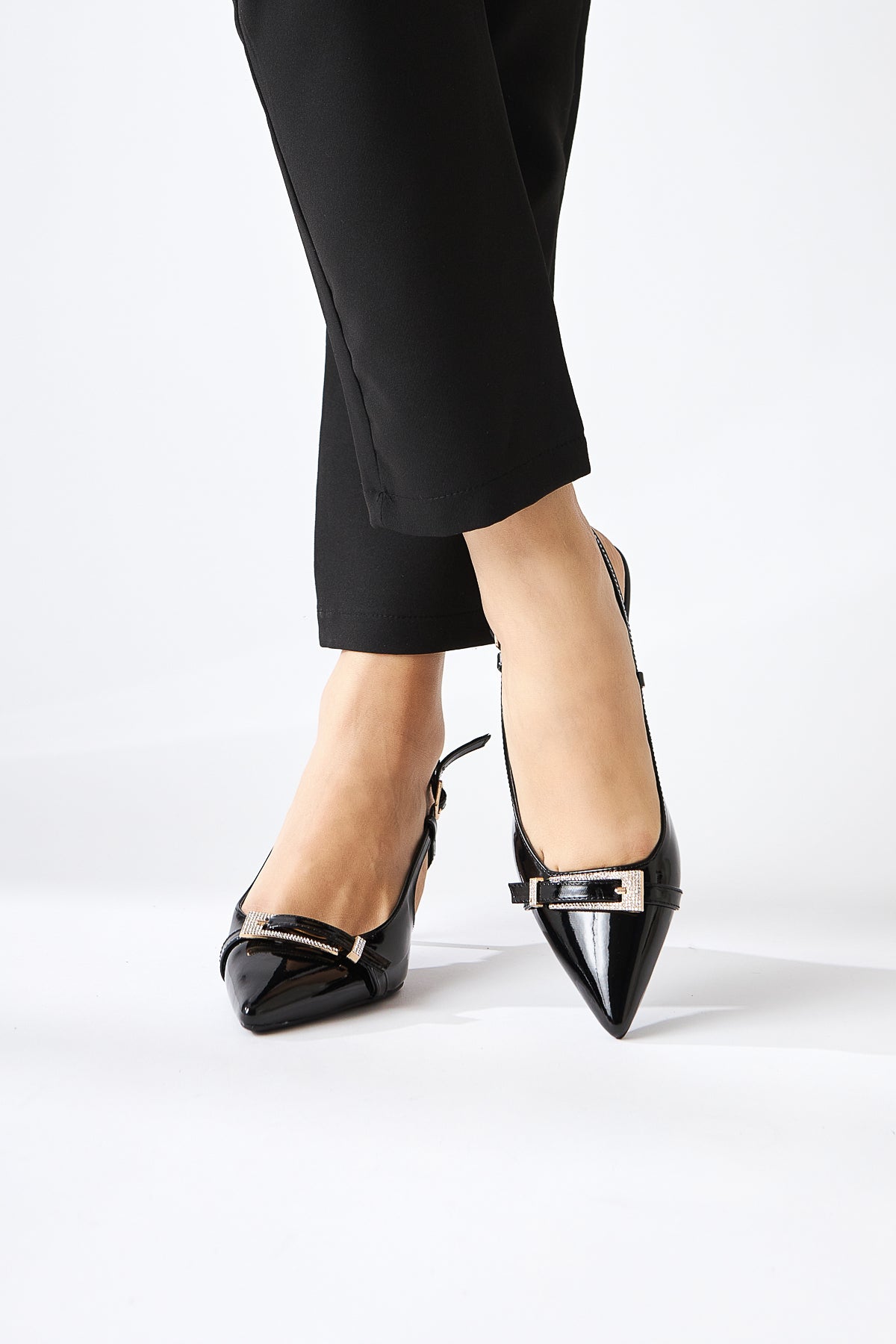 Mina Black Patent Buckled Pointed Toe Women’s Sandal