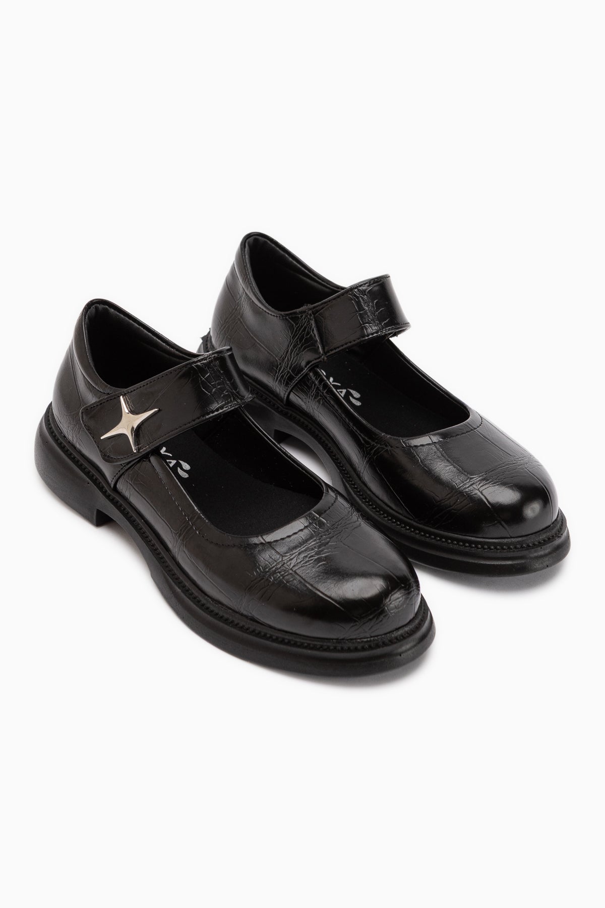 Rozalin Black Crocodile Strap Thick Sole Women’s Mary Jane Ballet Flats