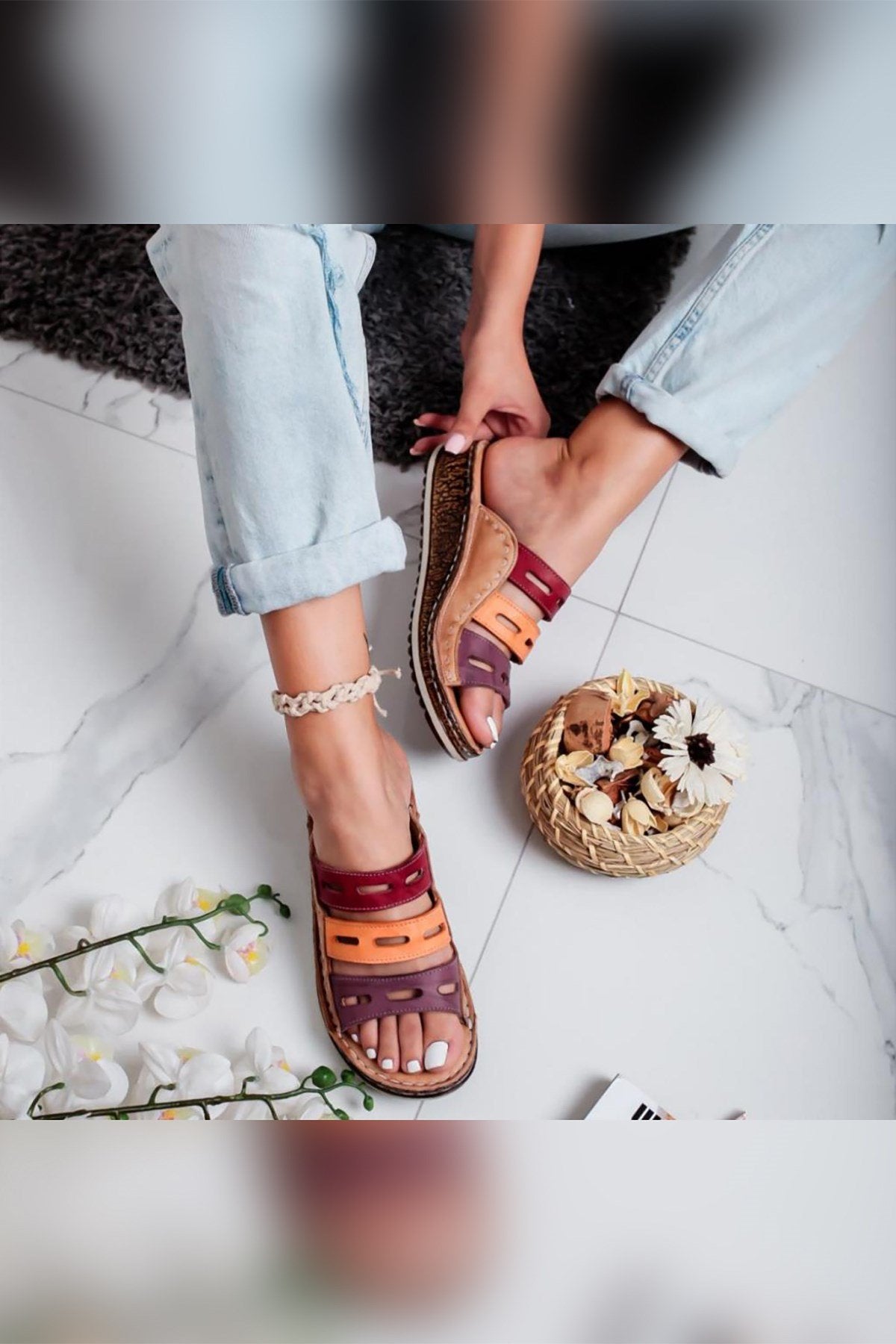 Joelle – Genuine Leather Nude Burgundy Purple Orange Laser-Cut Slide (Women)