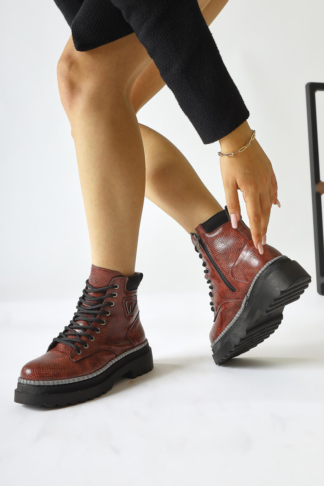 Amona Burgundy Shiny Stone Detailed Lace-Up Boot