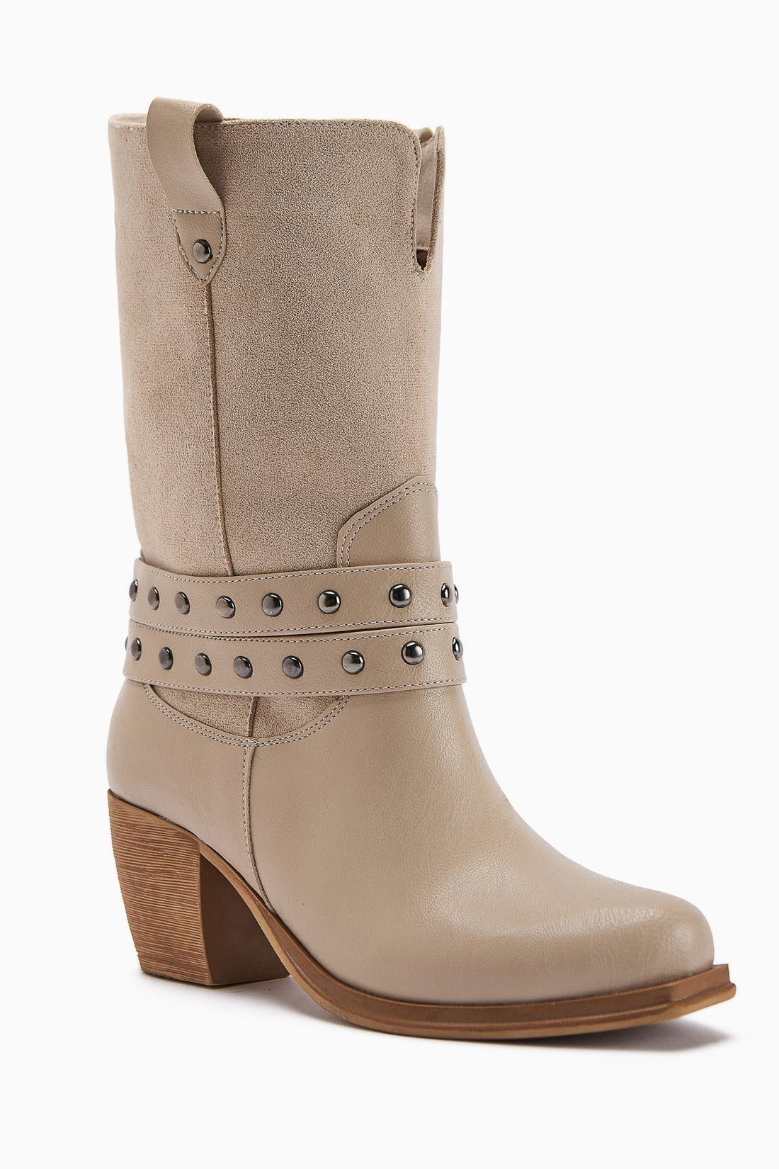 Catrin – Beige Stud-Detail Heeled Knee-High Boot (Women)