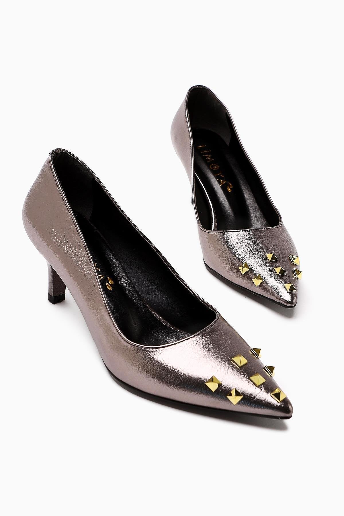Anni – Platinum Shiny Crinkled Patent Pyramid-Studded Heeled Shoe (Women)