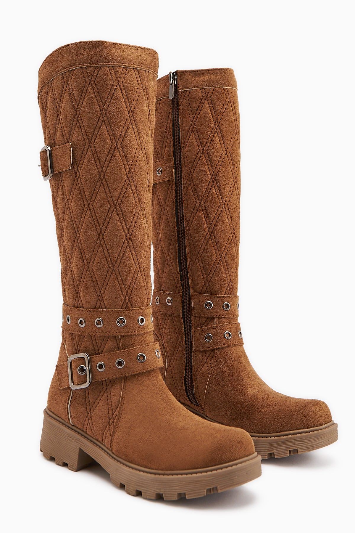 Carma Tan Suede Belt Detailed Quilted Boots