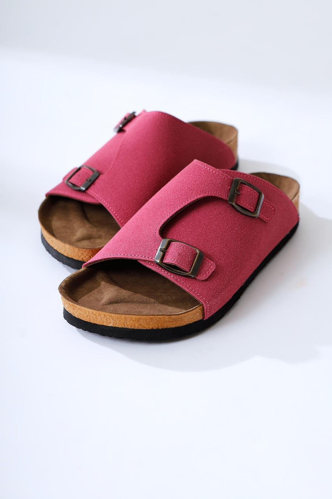 Christella Fuchsia Suede Slippers with Double Buckle Details
