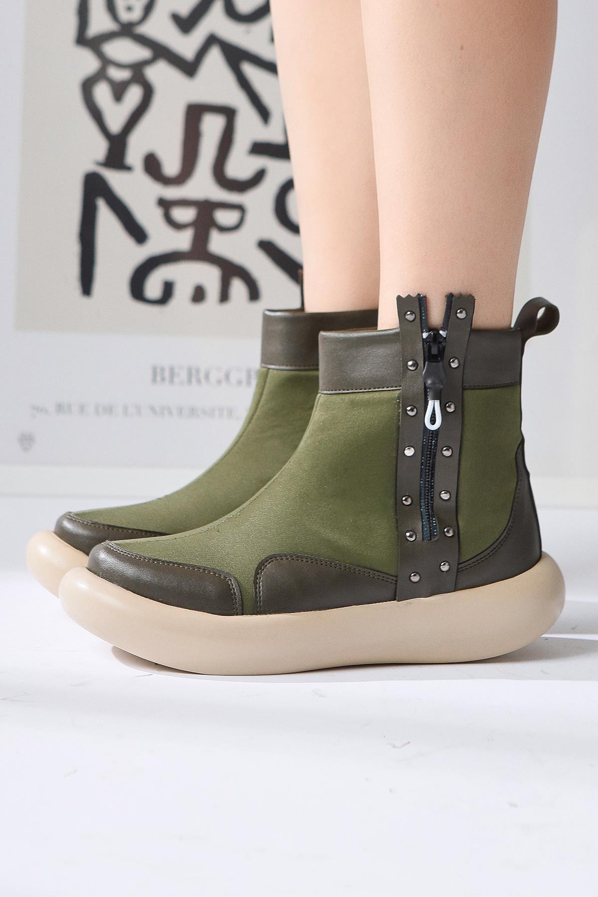 Maeda – Olive Neoprene Stud-and-Zipper Detail Boot (Women)