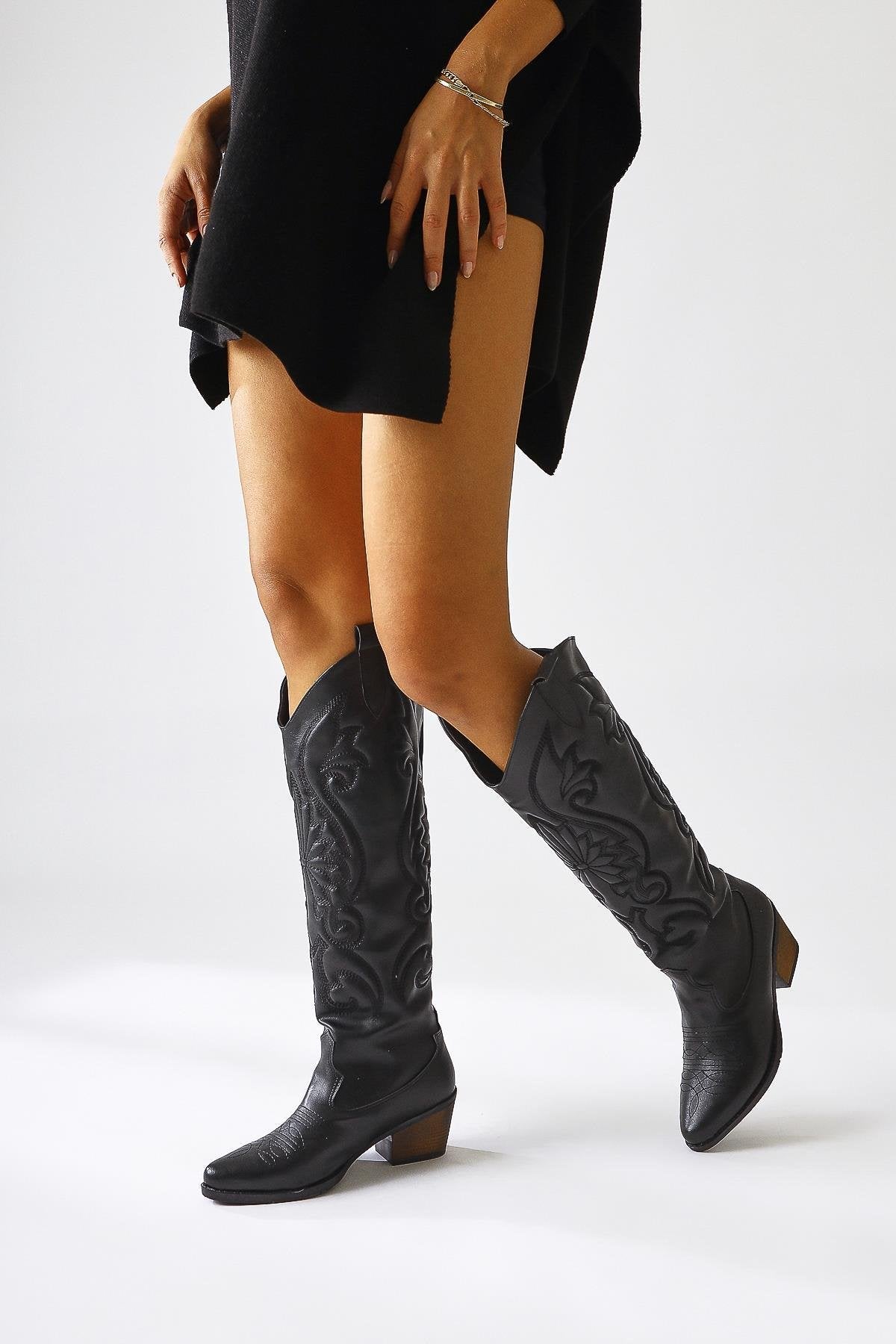 Dani – Black Embroidery-Detail Pointed-Toe Western Knee-High Boot (Women)