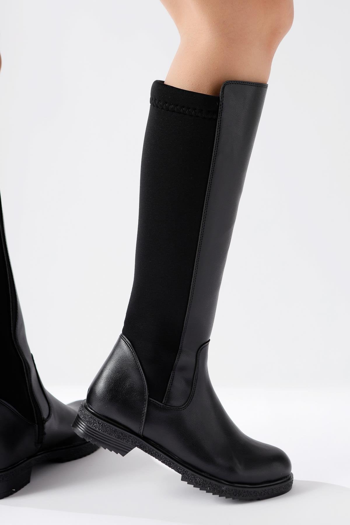 Benedikta – Black Oval-Toe Neoprene Fabric-Detail Knee-High Boot (Women)
