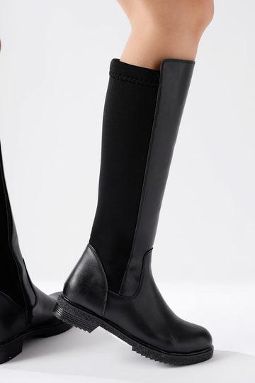 Benedikta – Black Oval-Toe Neoprene Fabric-Detail Knee-High Boot (Women)