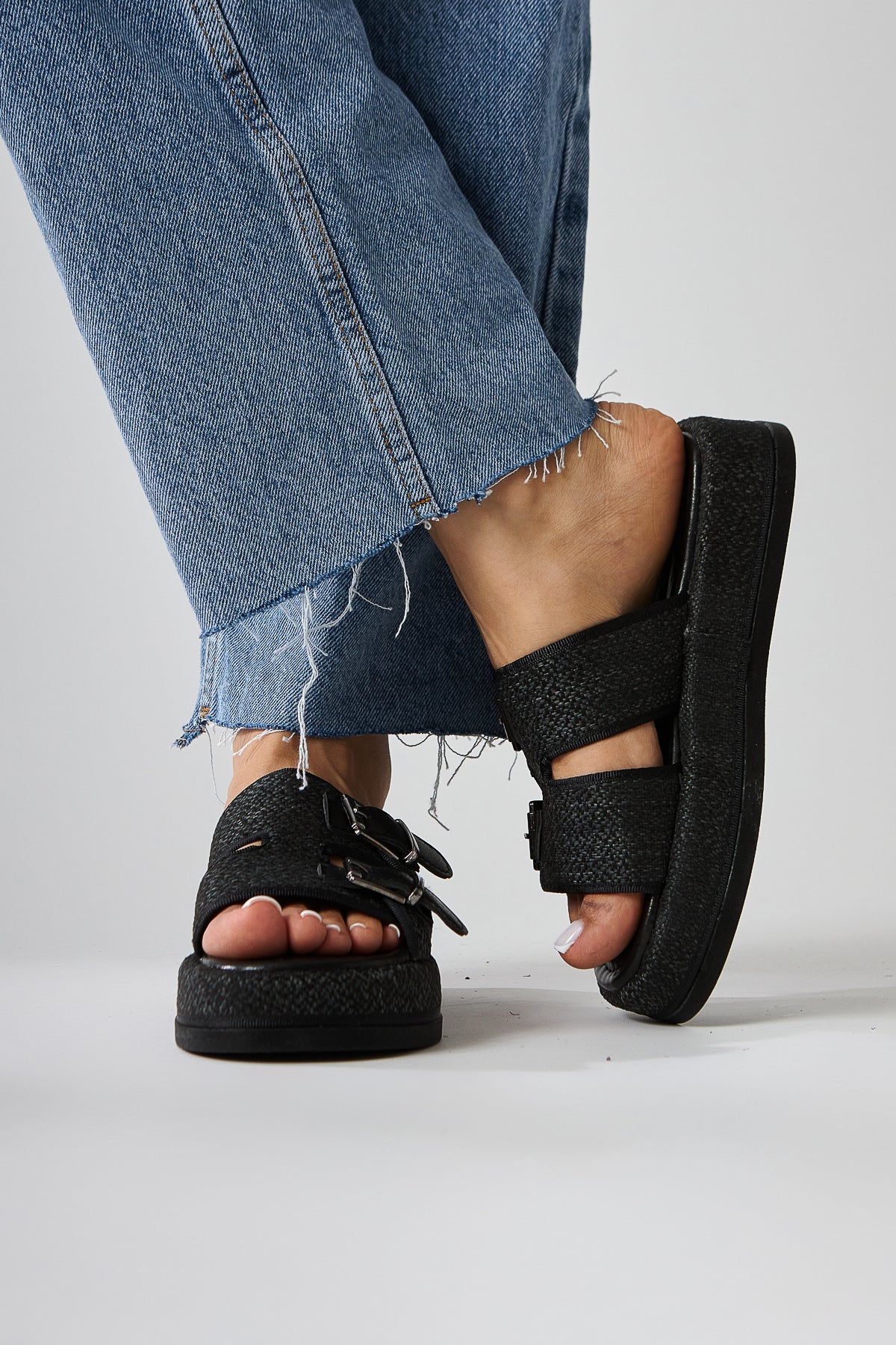 Madina – Black Double-Strap Belted Slide (Women)