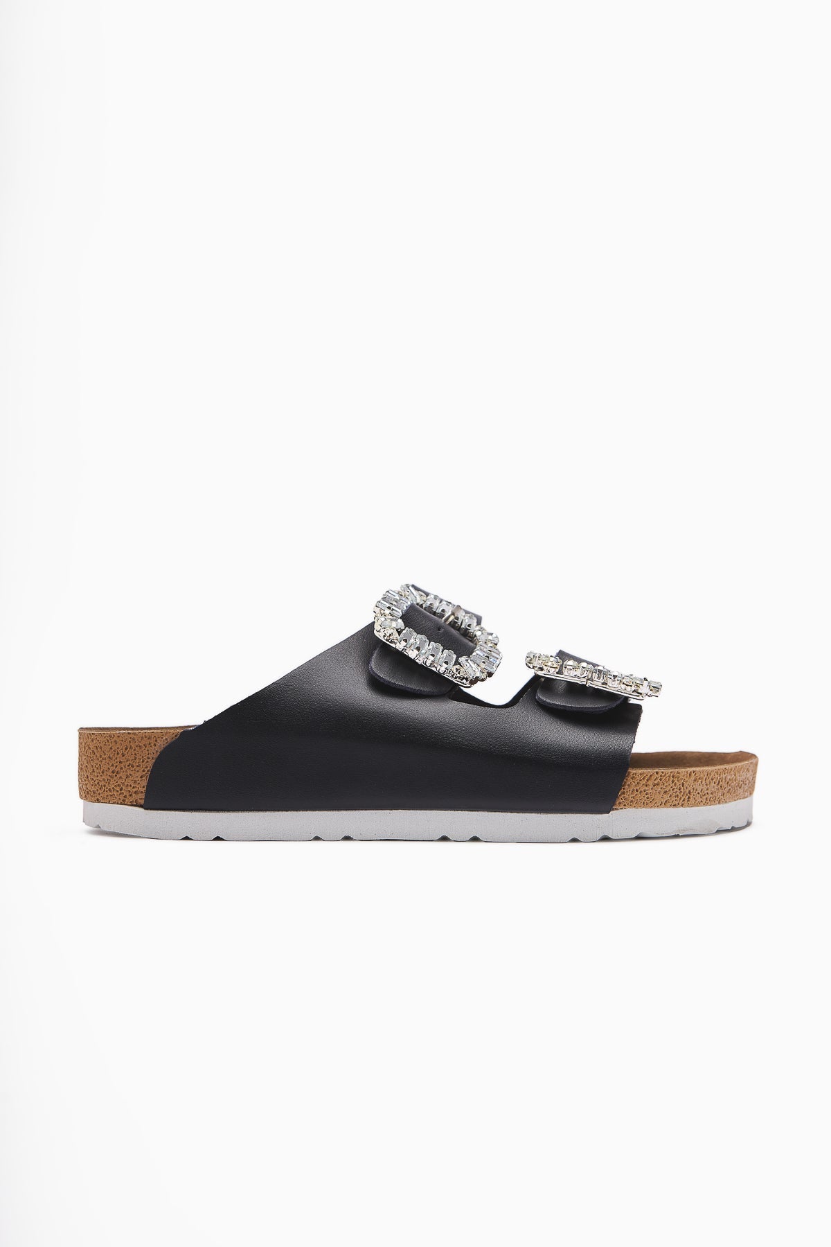 Brisa Navy Double Strap Embellished Buckle Detail Slippers