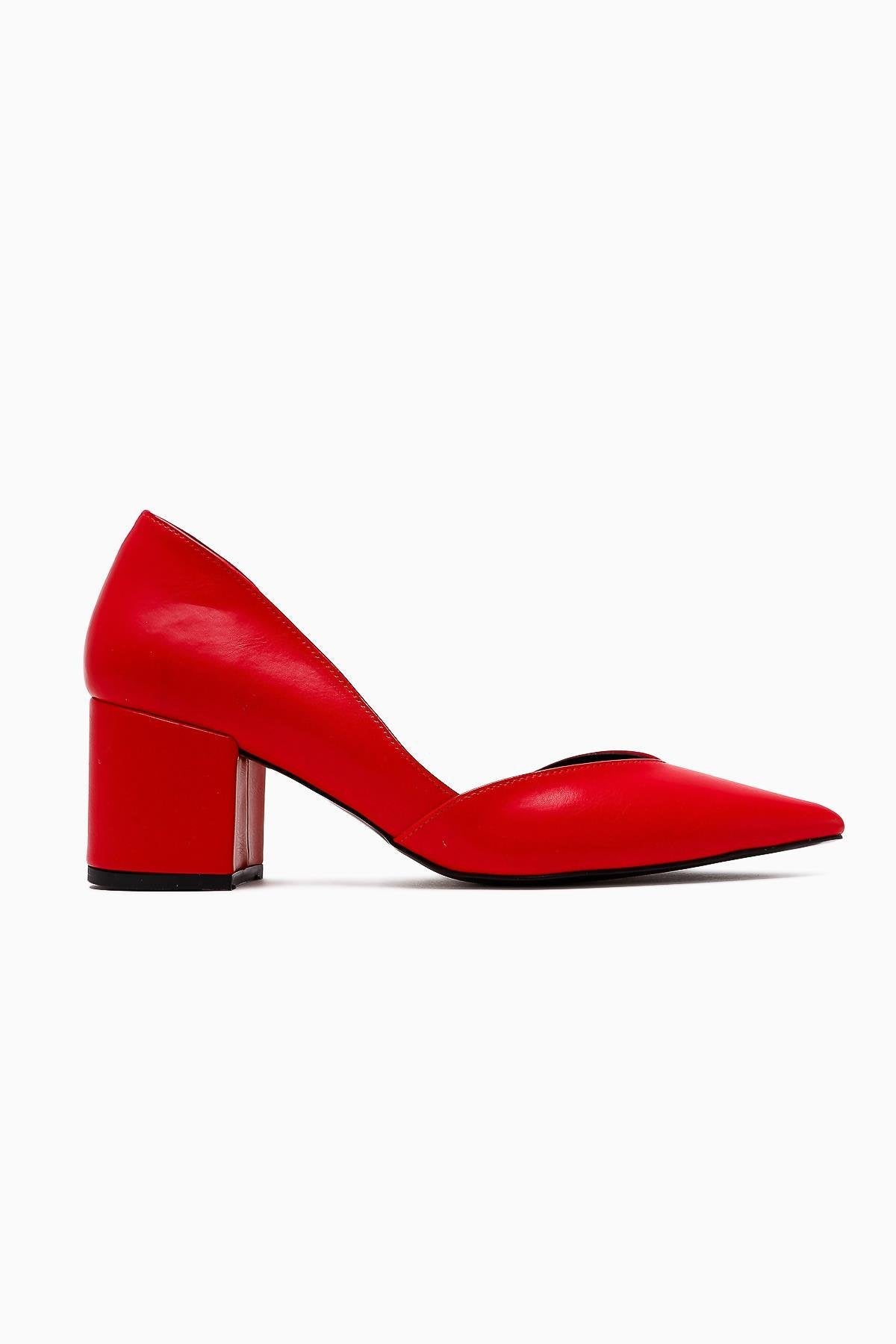 Albena Genuine Leather Red Pointed Toe Detailed Women’s Heeled Shoes