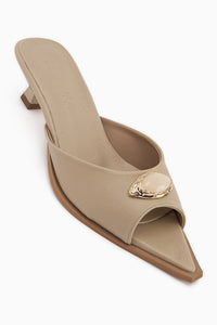 Dania Beige Buckled Short Heeled Women’s Slippers