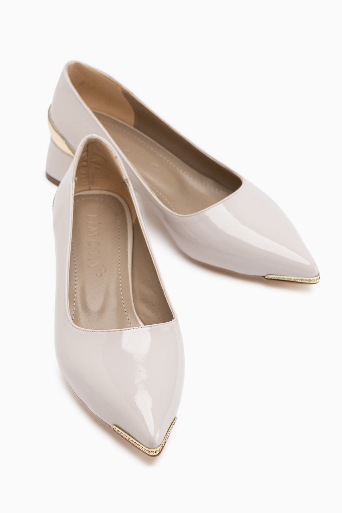 Alica Beige Patent Pointed Toe Short Heeled Women’s Shoes with Stone Details