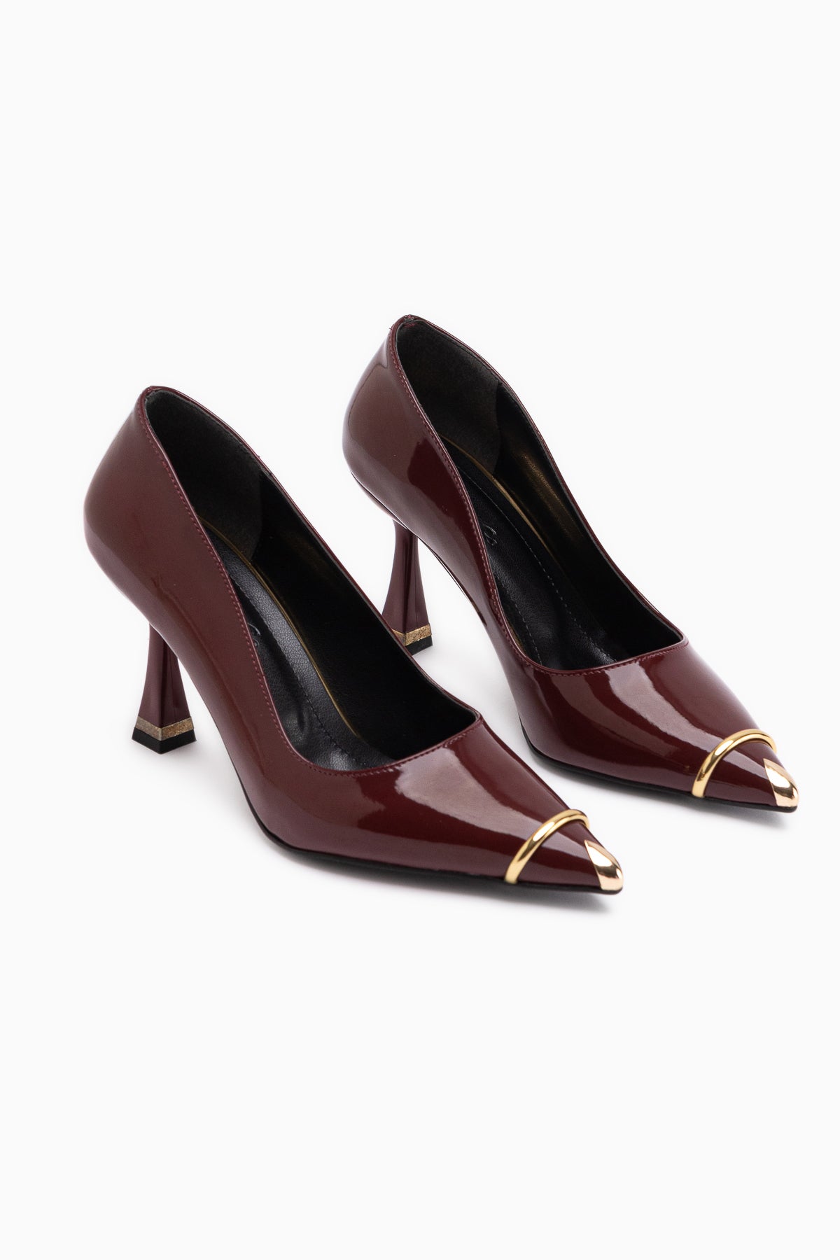 Lelia Burgundy Patent Leather Metal Tip Detailed Women’s Heeled Shoes