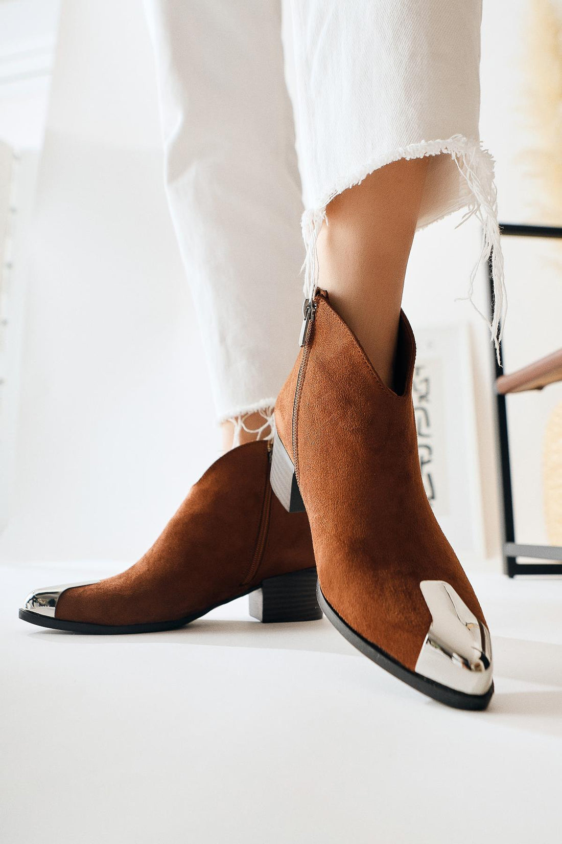 Jay – Cognac Suede Pointed-Toe Metal-Detail Boot (Women)