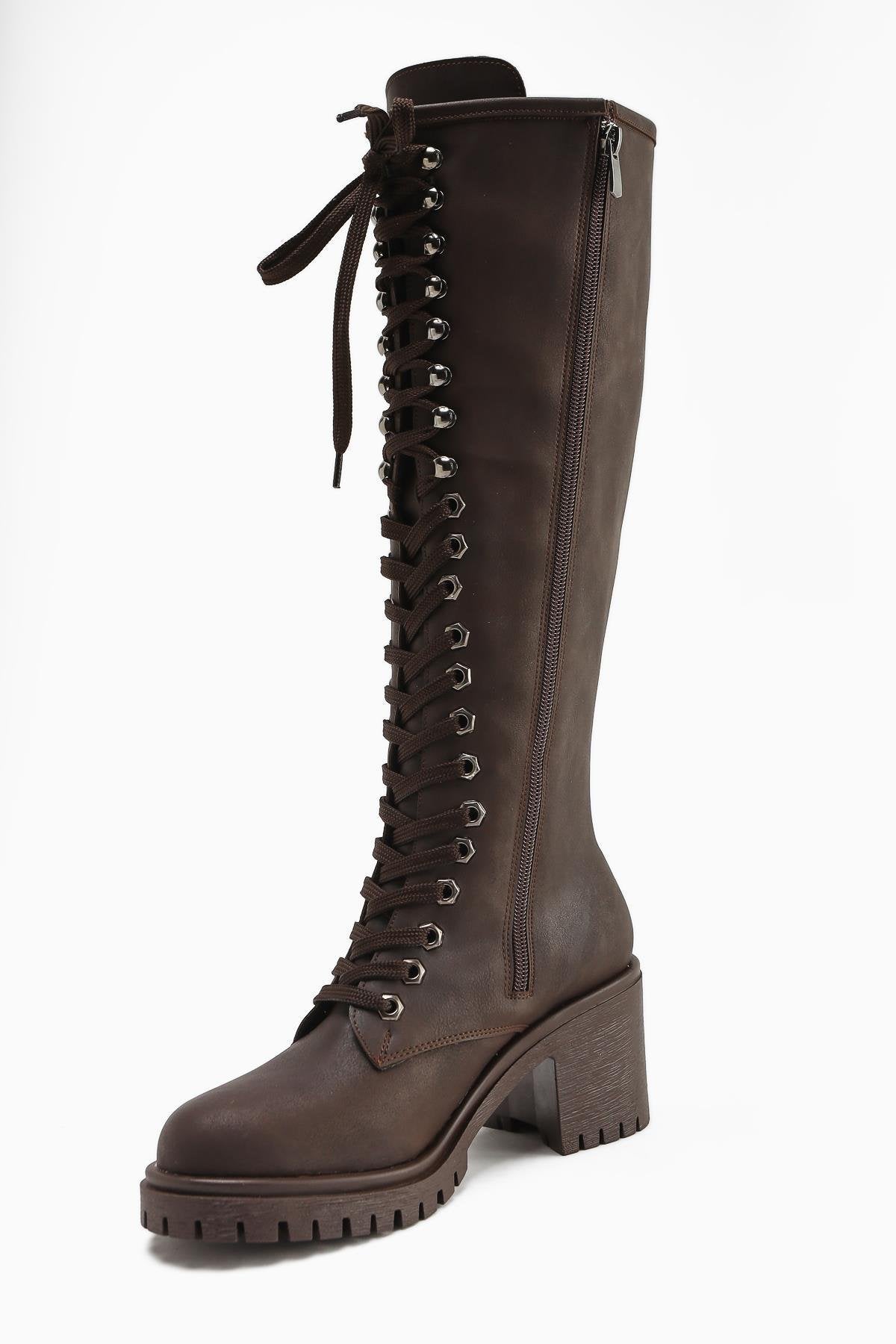 Bella Brown Lace-Up and Zippered Oval-Toed Heeled Women's Boot