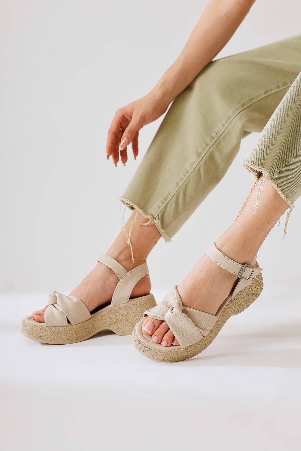Mastan Beige Chunky Heel Cross Strap Chunky Heel Sandals