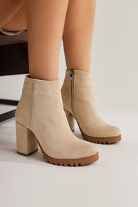 Bahiya Tan Suede Oval Toe Zipper Heeled Boots