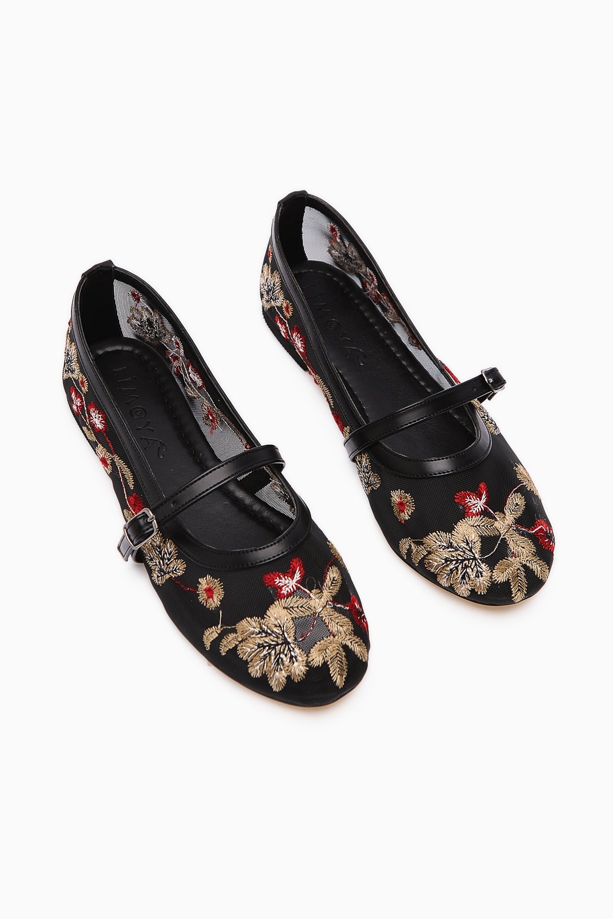 Jolin Black Ballet Flat with Embroidery and Buckle Detail