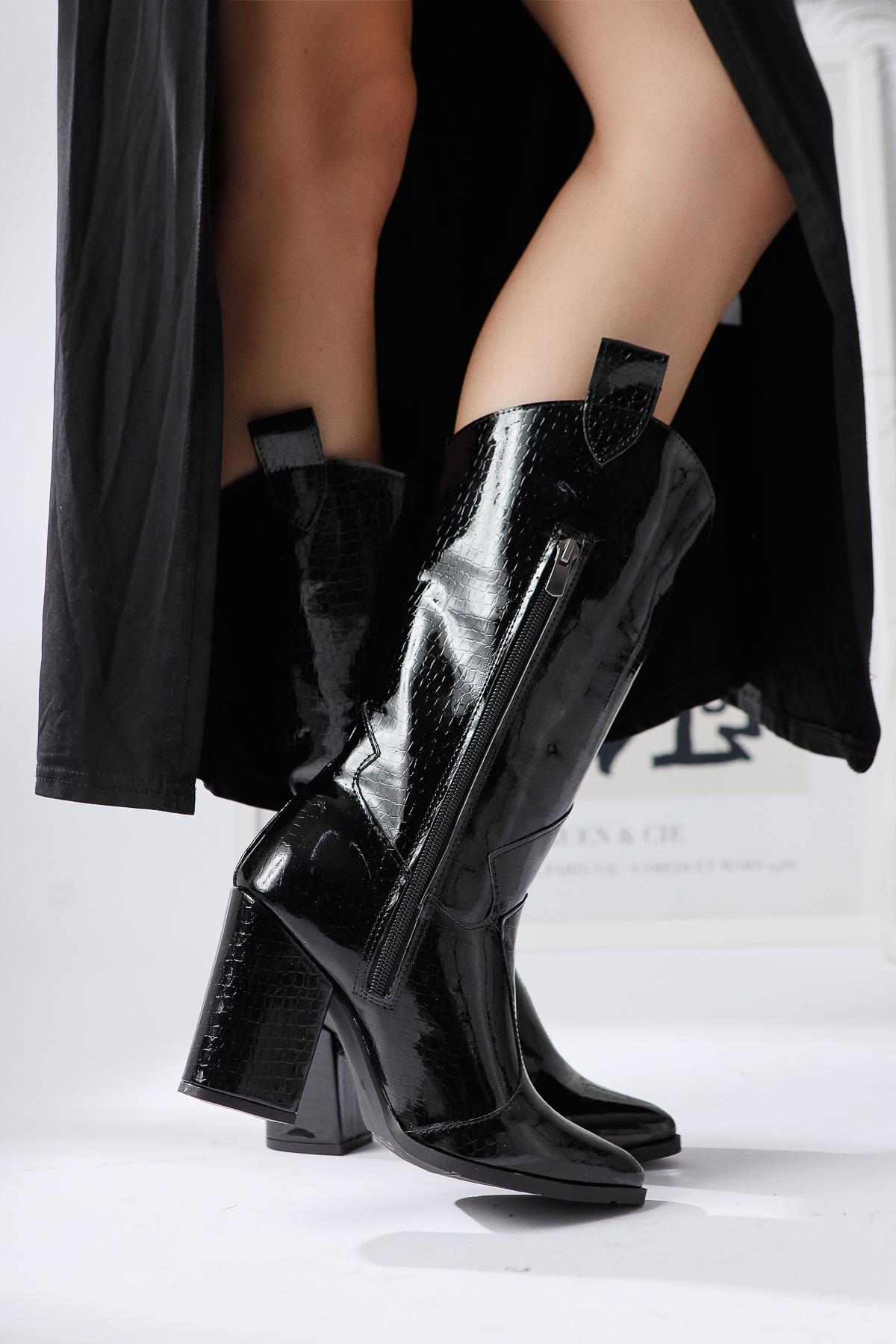 Keri – Black Croc-Embossed Asymmetric-Cut Heeled Knee-High Boot (Women)