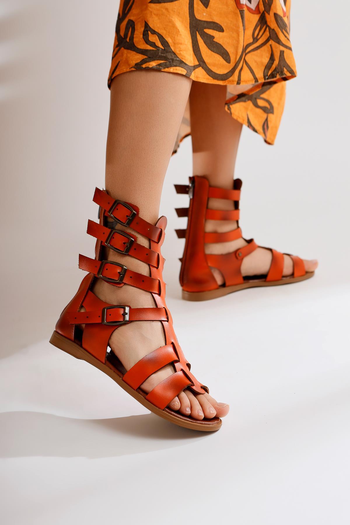 Miranda Genuine Leather – Orange Zippered Gladiator Sandal (Women)