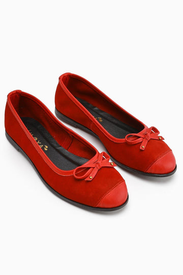 Genuine Leather Alfreda Red Suede Detailed Bow Women’s Ballet Flats