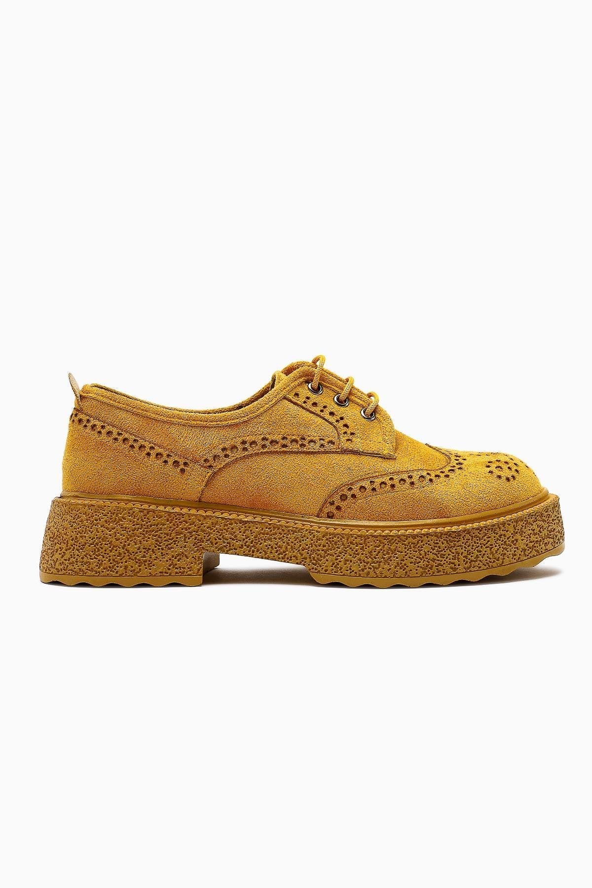 Rossy – Mustard Suede Round-Toe Laser-Cut Casual Shoe (Women)