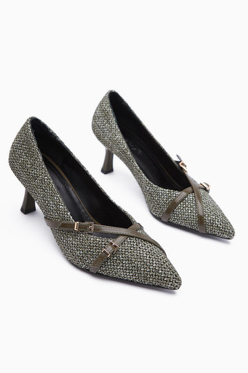 Noran Khaki Knitted Detail Pointed Toe Women’s Heeled Shoes