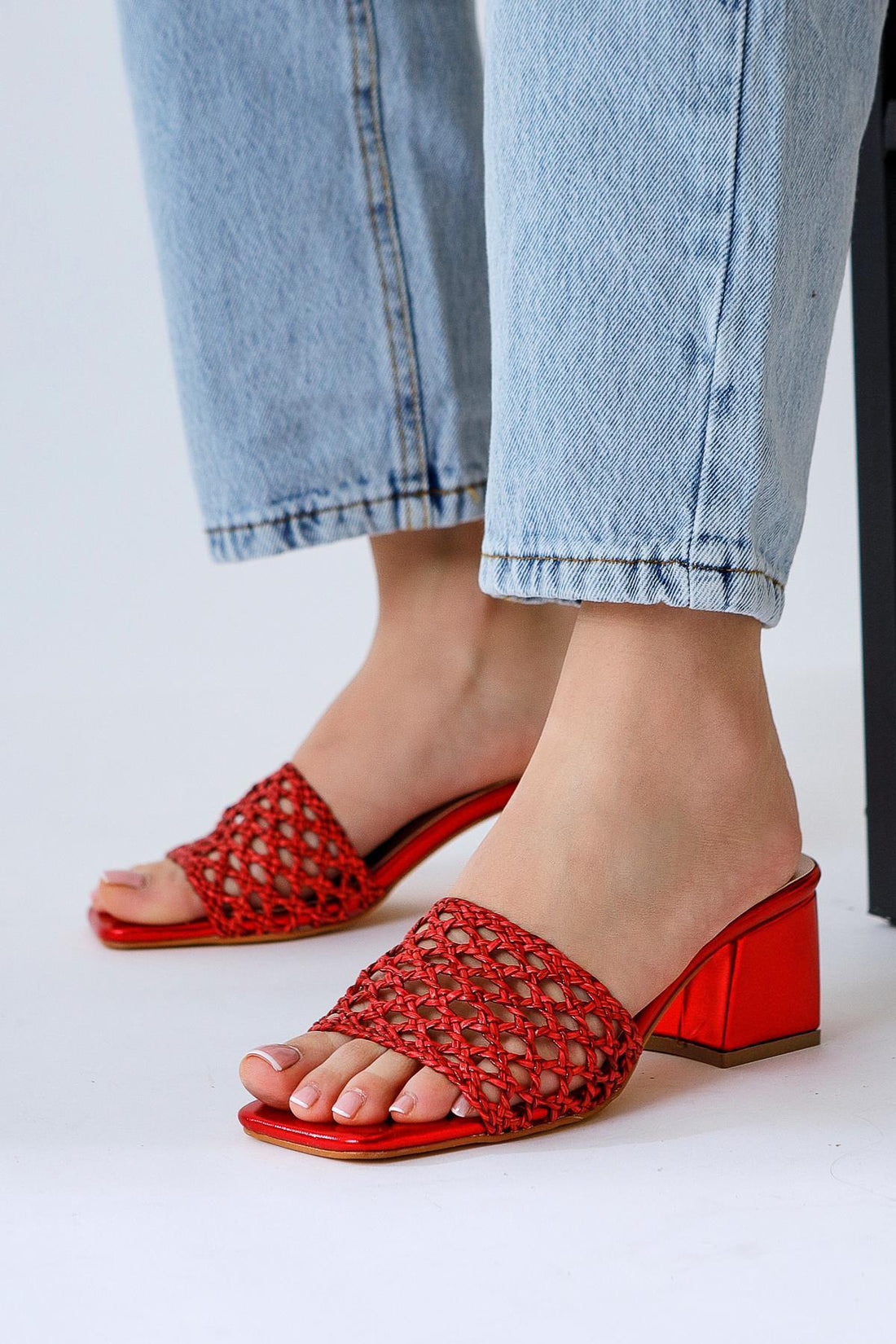 Mani Red Woven Detail Chunky Heel Slippers