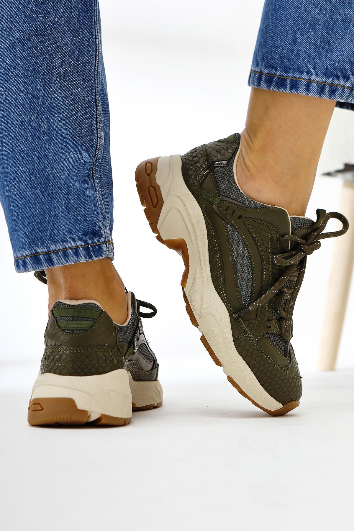 Caisa Olive Textile Detail Lace-Up Women's Sneakers