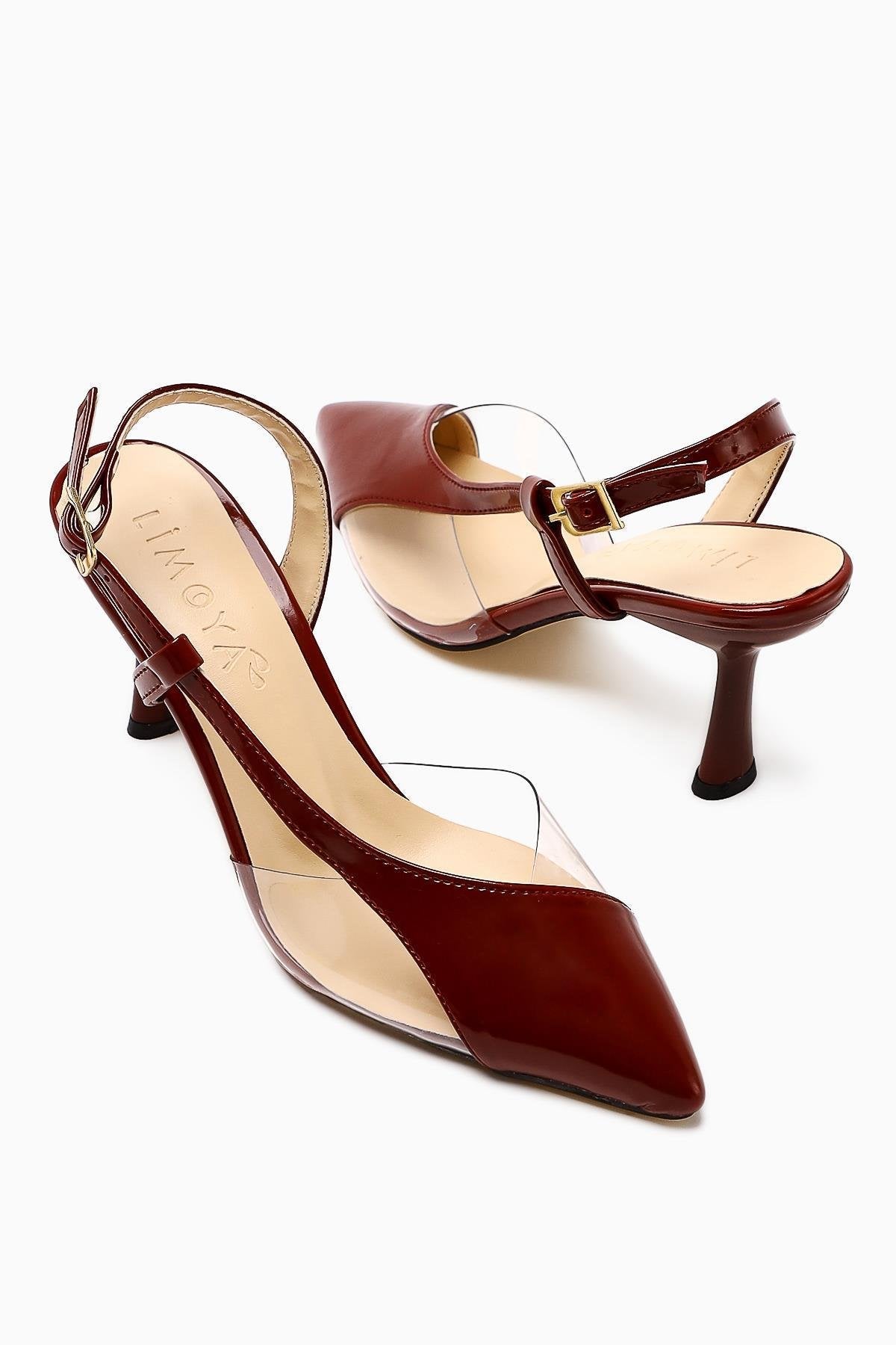 Aliah Burgundy Patent Leather Pointed Toe Pumps with Transparent Detail