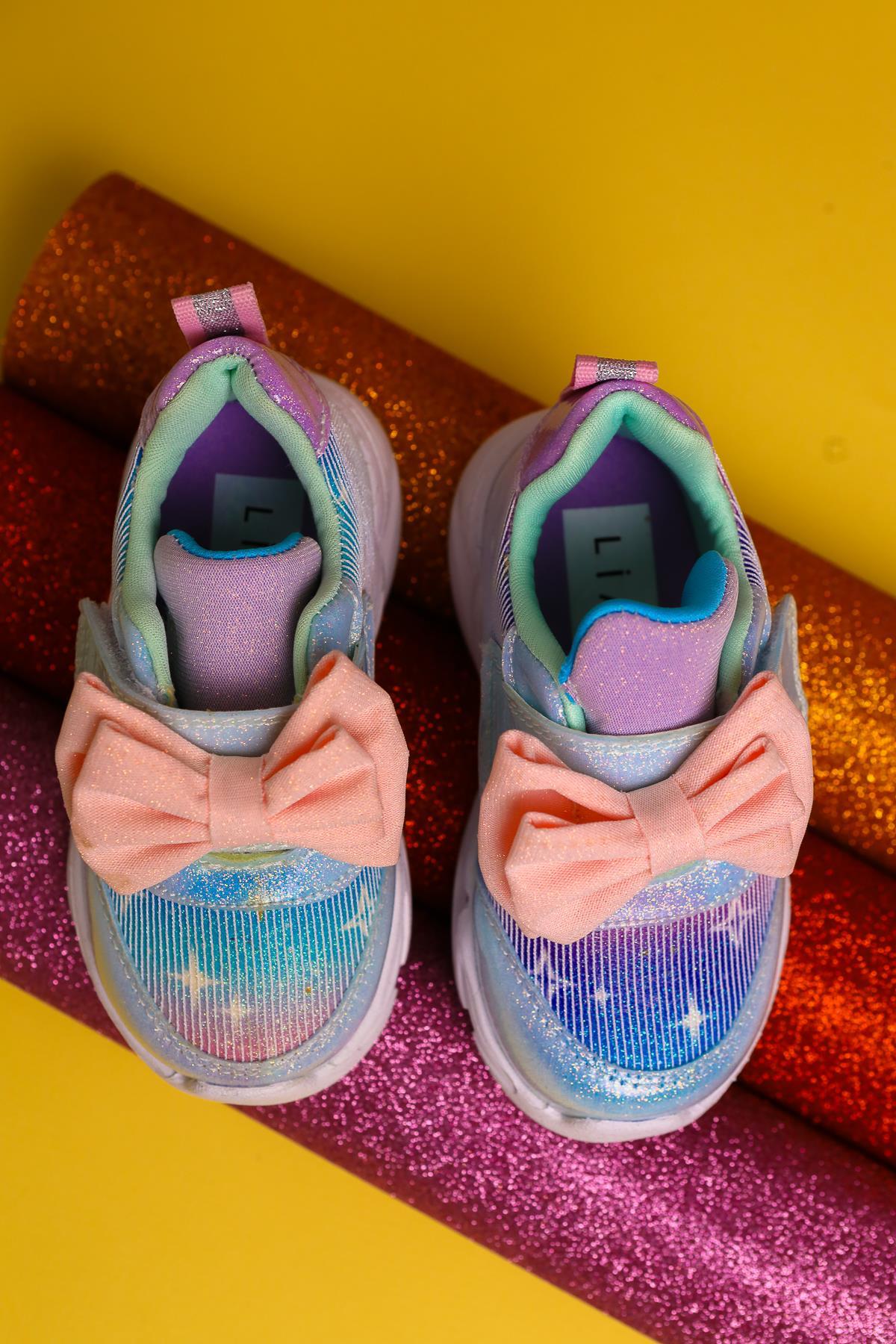 Feliz Turquoise Bow-Detailed Velcro Light-Up Baby Sneakers