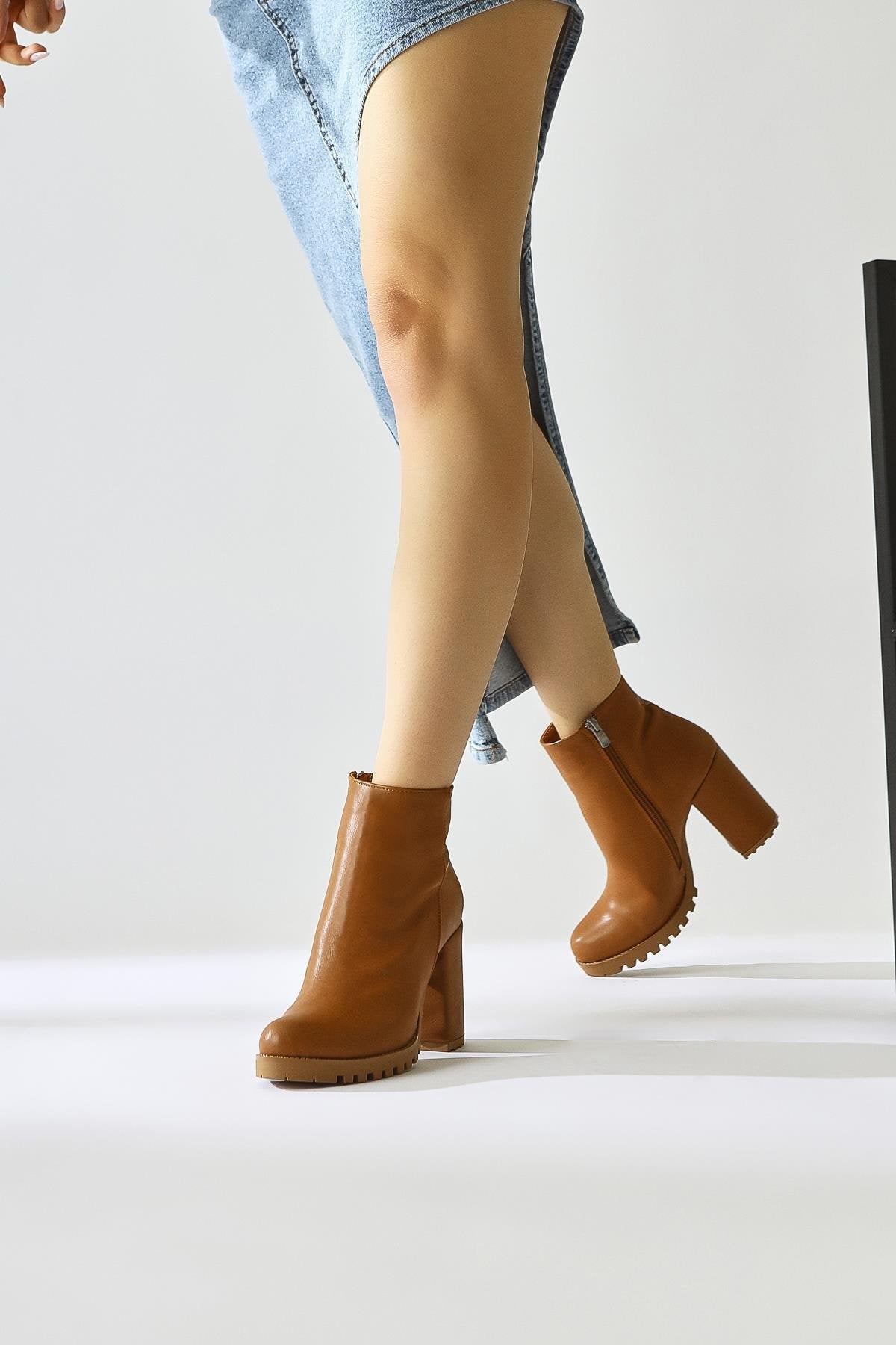 Bahiya – Cognac Oval-Toe Zippered Heeled Boot (Women)