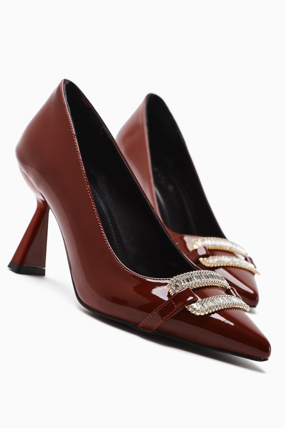 Ania Maroon Patent Leather Pointed Toe Heels with Jewel Buckle Detail