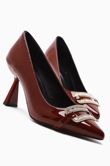Ania Maroon Patent Leather Pointed Toe Heels with Jewel Buckle Detail