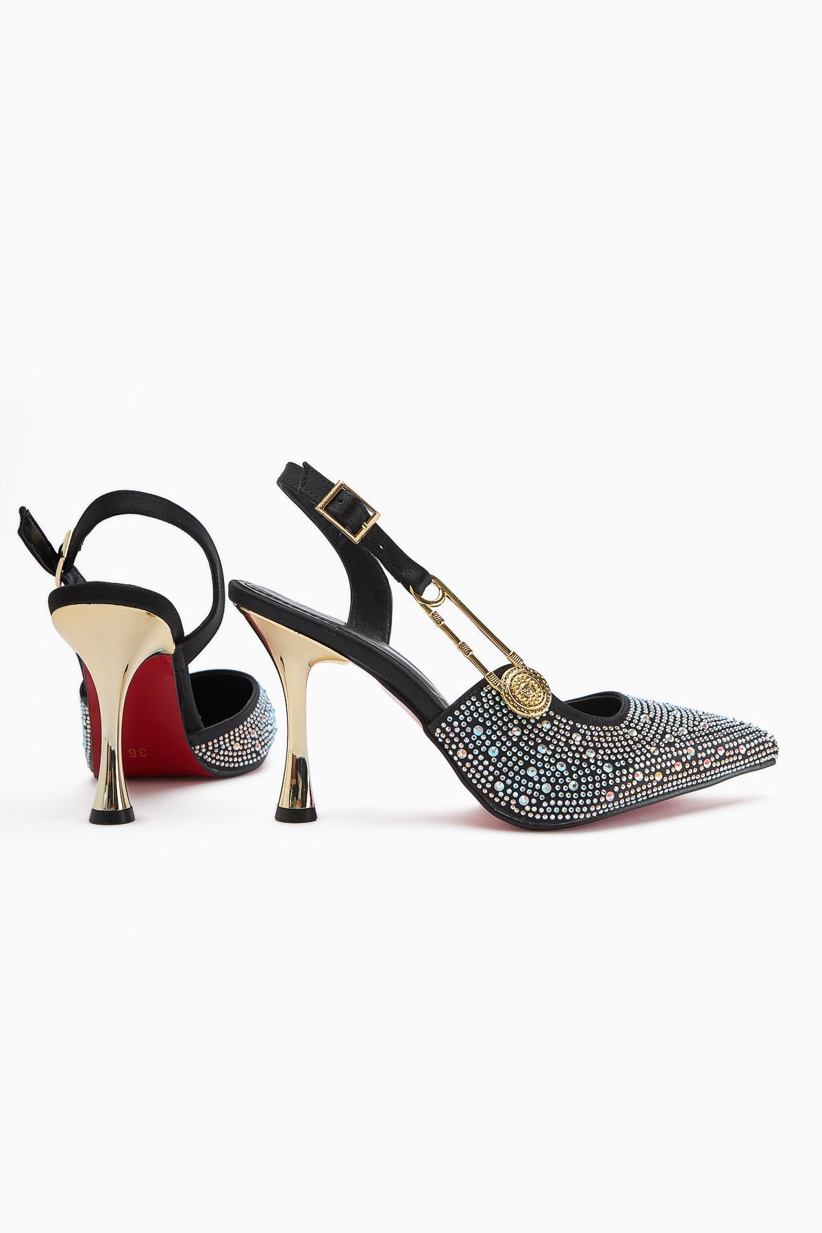Denise – Silver; Beige/Light-Gold Tones Stone-Embellished Shiny Ankle-Tie Pointed-Toe Slim Heel Open-Back Ankle-Strap Gold-Chain Side Accessory Shoe (Women)