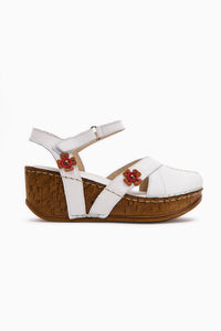Genuine Leather Katlyn White Flower Detailed Closed Toe Wedge Sandal