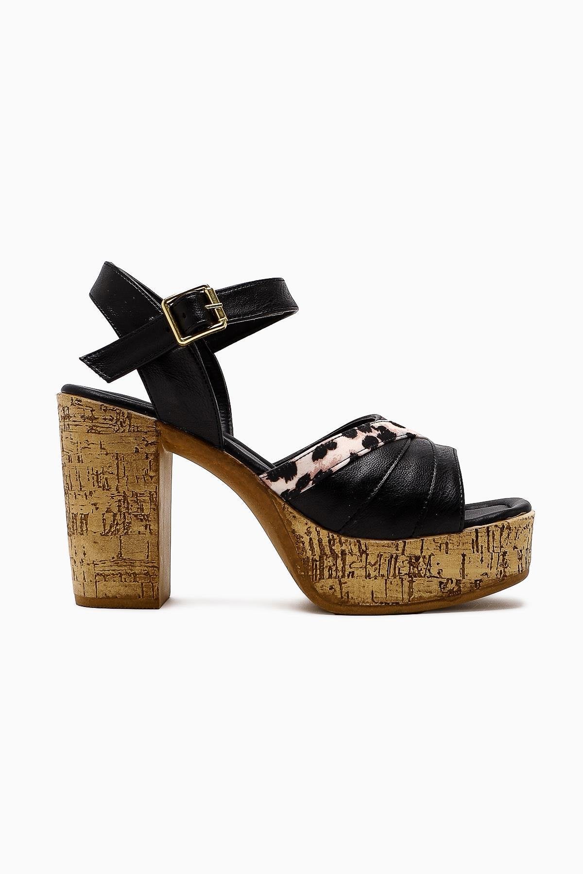 Farah Black Platform Wedge Sandals with Leopard Detail