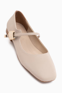 Amilia Beige Buckle Detailed Square Toe Women’s Ballet Flats
