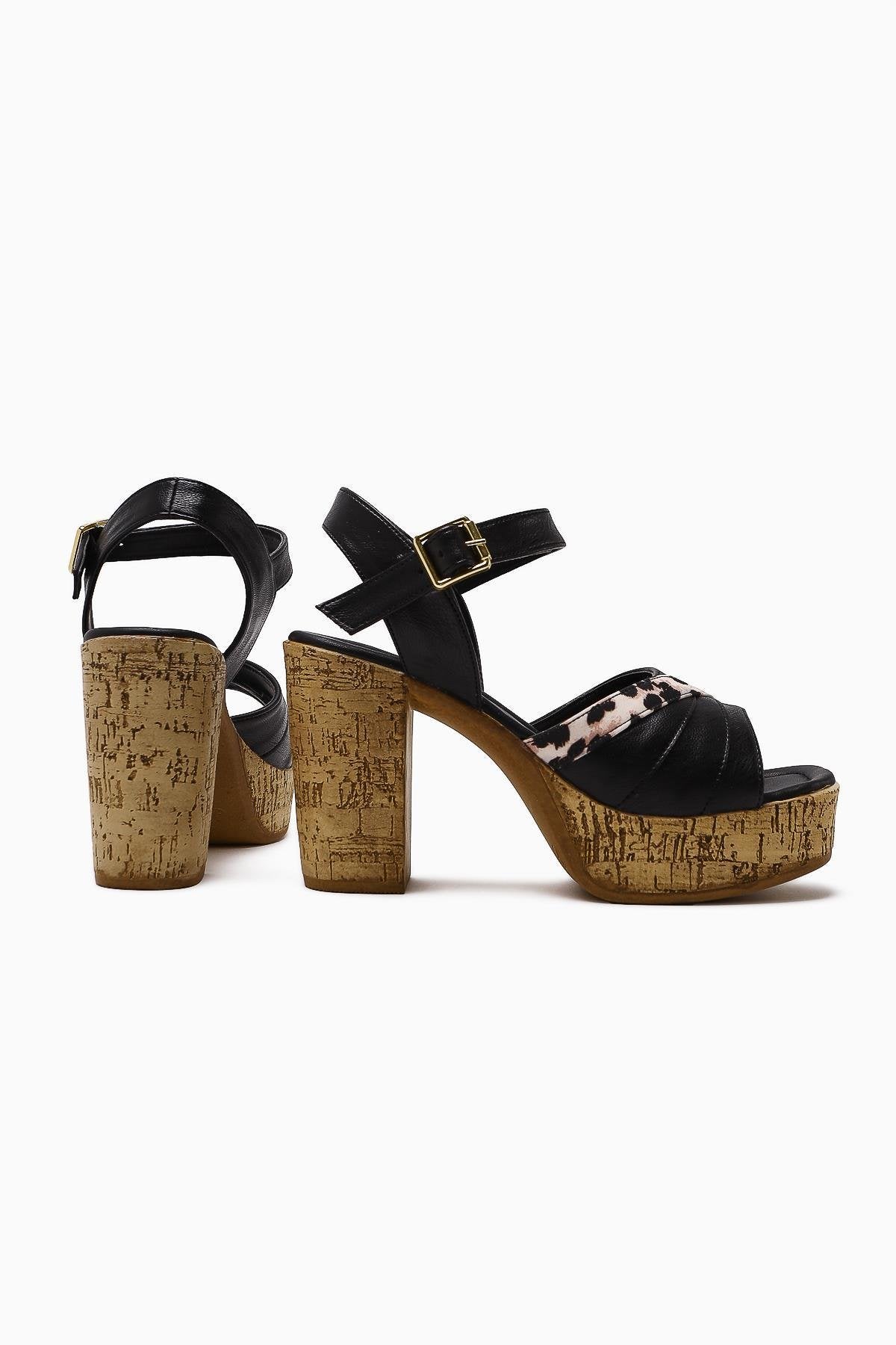 Farah Black Platform Wedge Sandals with Leopard Detail