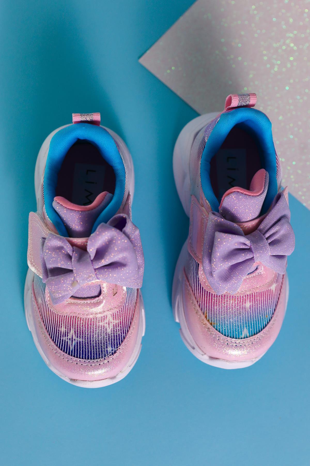 Feliz Powder Pink Bow Detailed Sparkling Baby Sports Shoes with Snaps