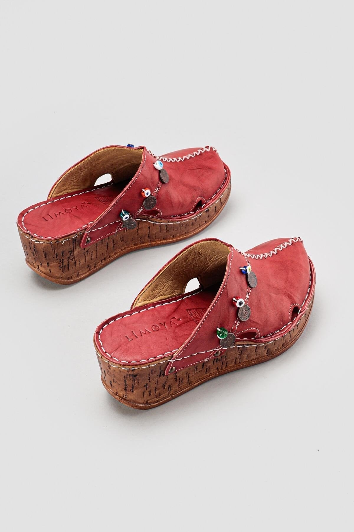 Annika Genuine Leather – Burgundy Antique Detail Wedge Clog Slide (Women)