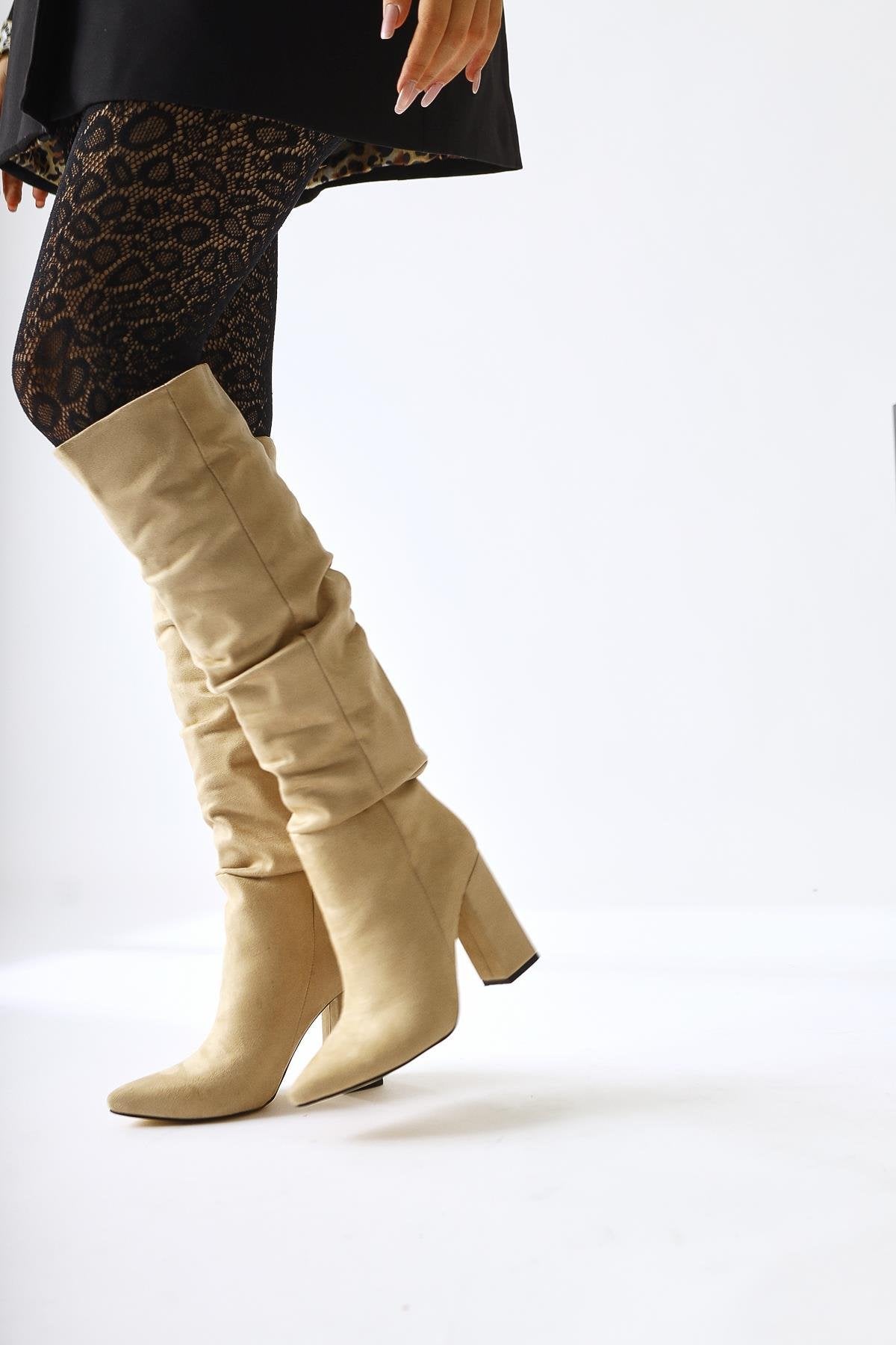 Loren Beige Suede Pointed-Toe High-Heeled Knee Boots