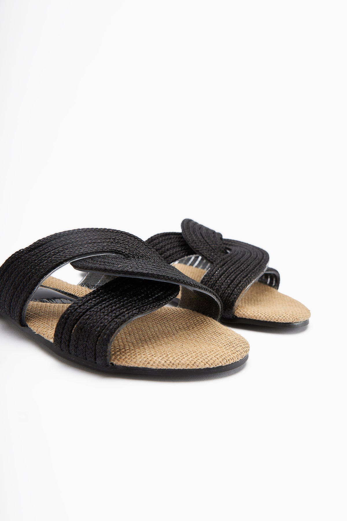 Nihaal – Black Straw Cross-Strap Flat Slide (Women)
