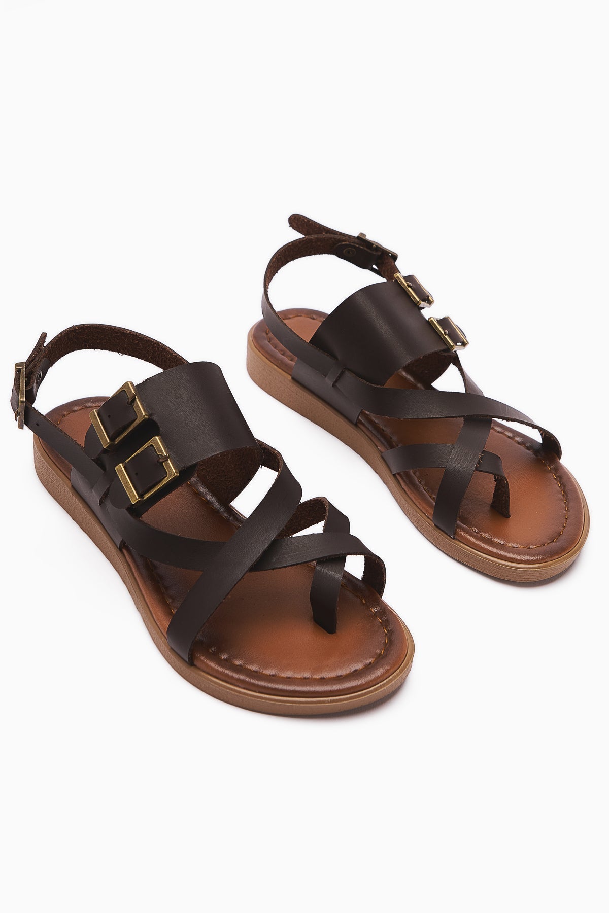 Doraseos Genuine Leather Buckle Detail Coffee Gladiator Sandals