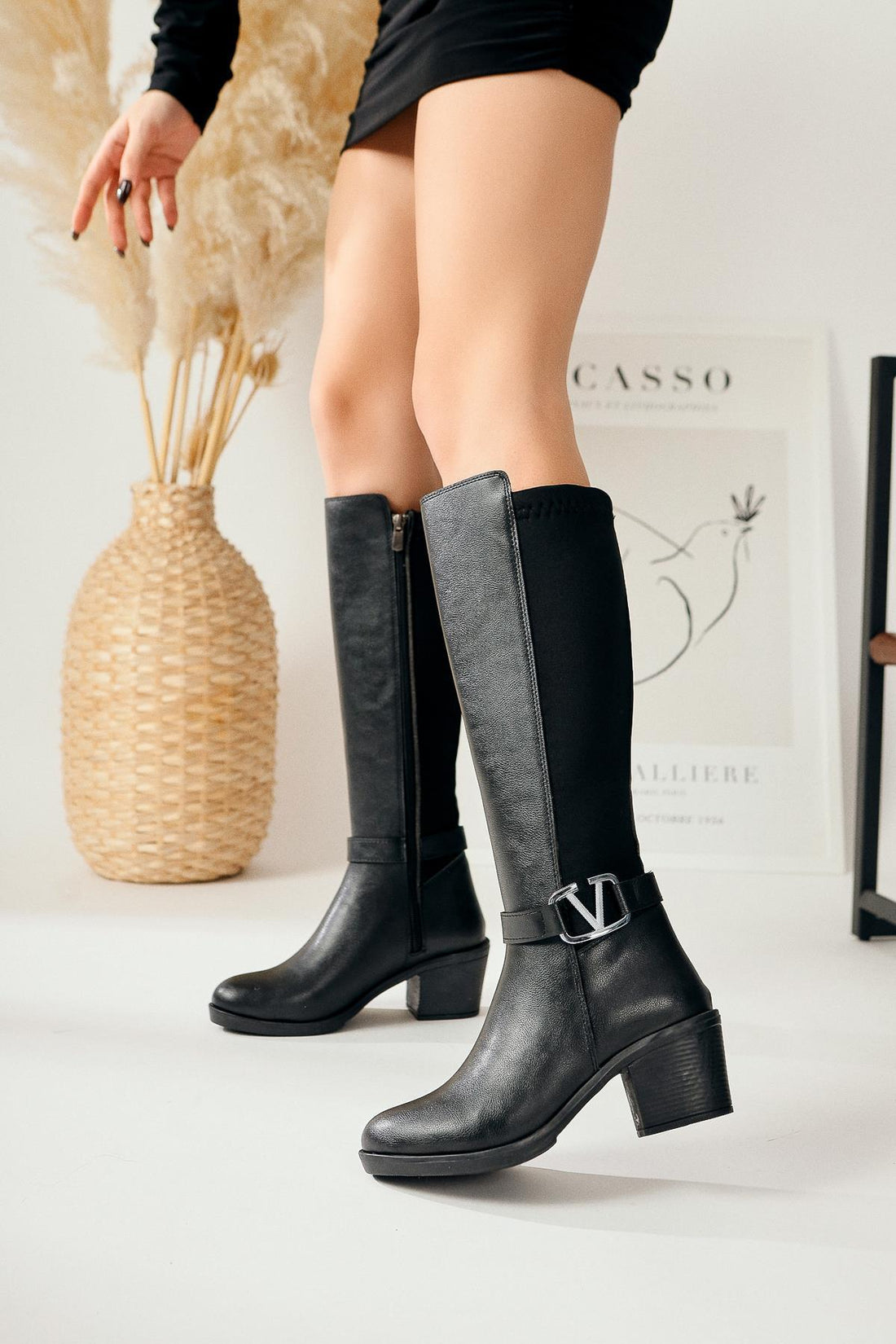 Sayna – Black Scuba-Fabric-Detail Flexible-Shaft Knee-High Boot (Women)