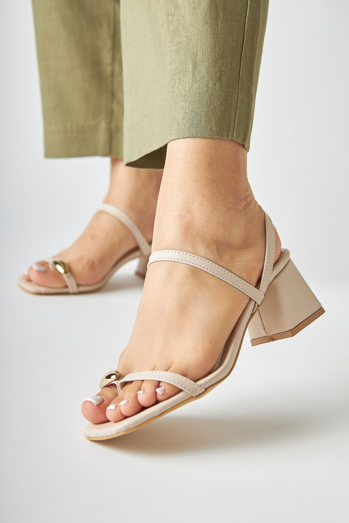 Selenya Beige Thong Sandals with Buckle Detail for Women