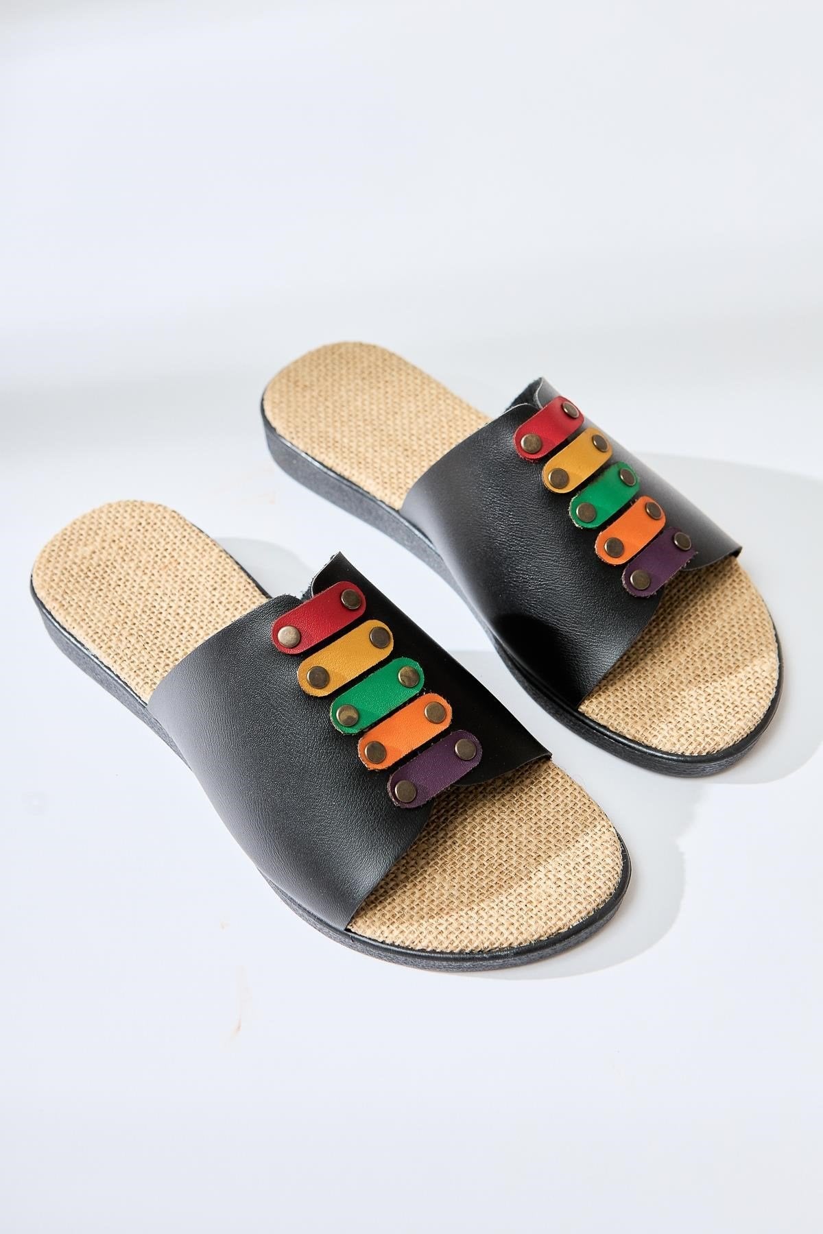 Nicola Genuine Leather Black Slide with Colorful Buckle and Straw Sole